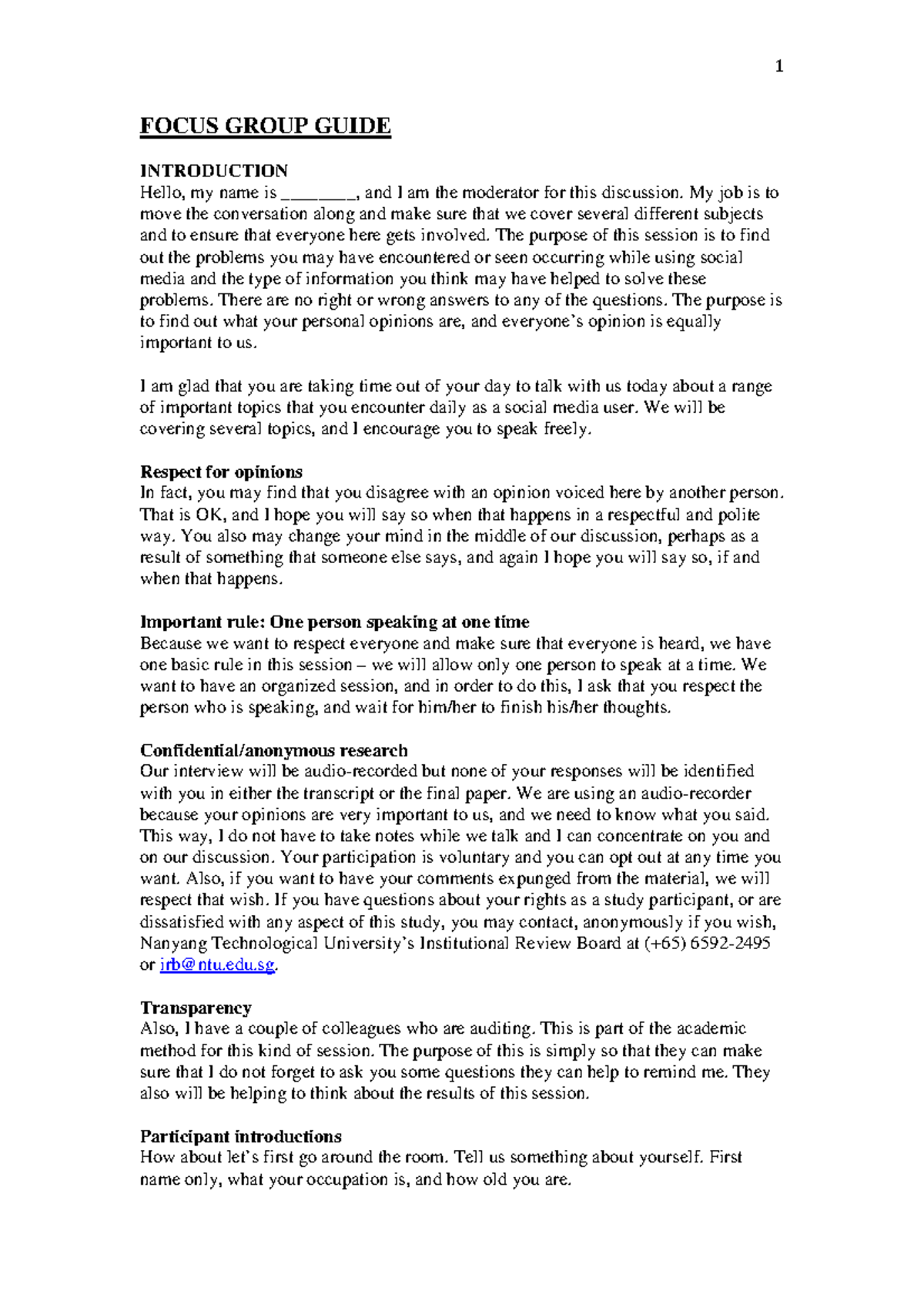 Focus Group Guide - Syllabus - 1 FOCUS GROUP GUIDE INTRODUCTION Hello ...