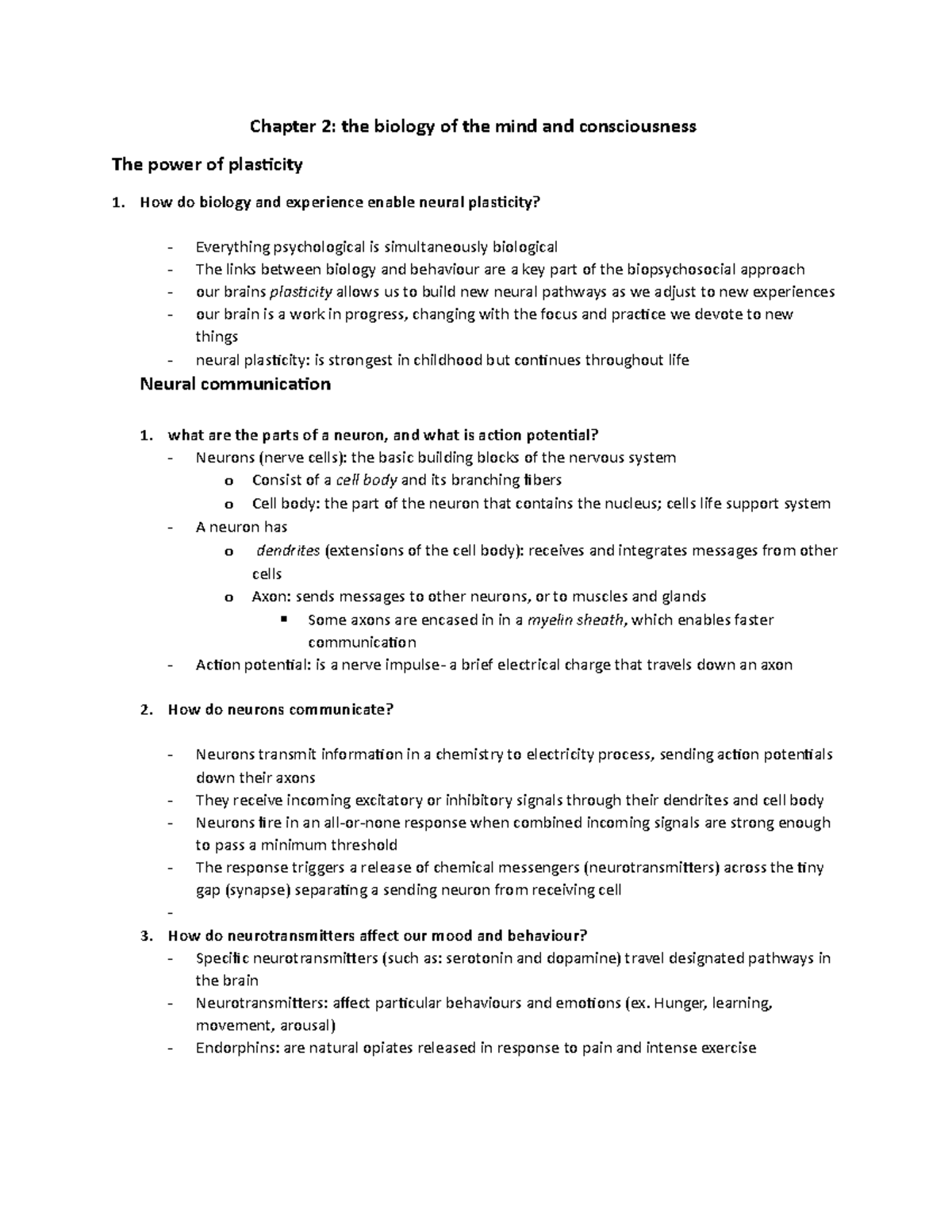 Chapter 2 review (Q+A) Chapter 2 the biology of the mind and