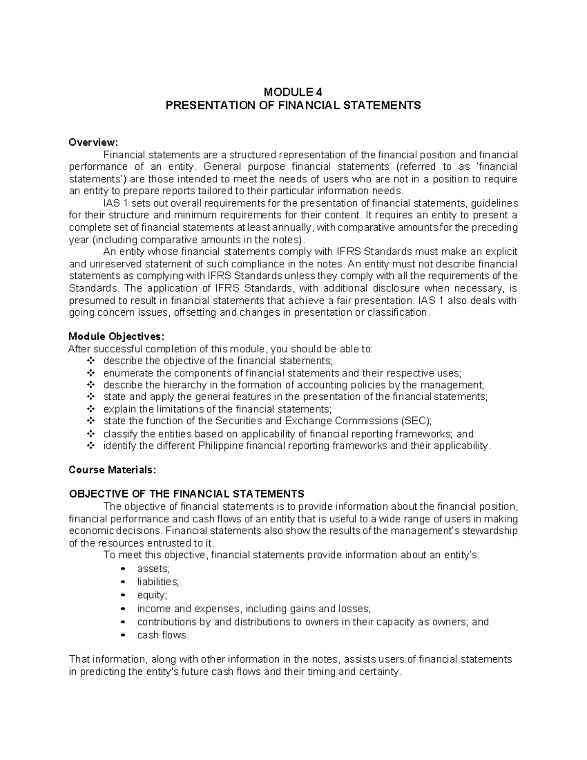 Module 4 Components OF Financial Statements - MODULE 4 PRESENTATION OF ...