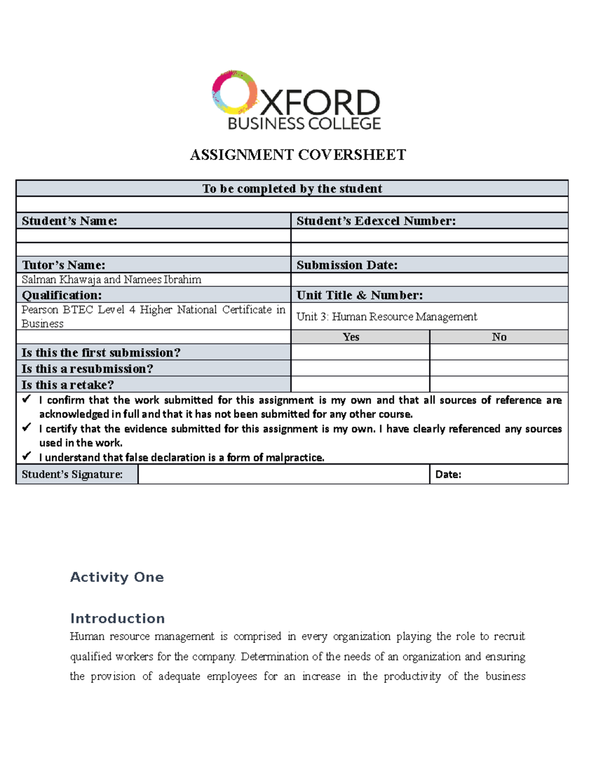 Unit 3 full - Human resource management assignment - ASSIGNMENT ...
