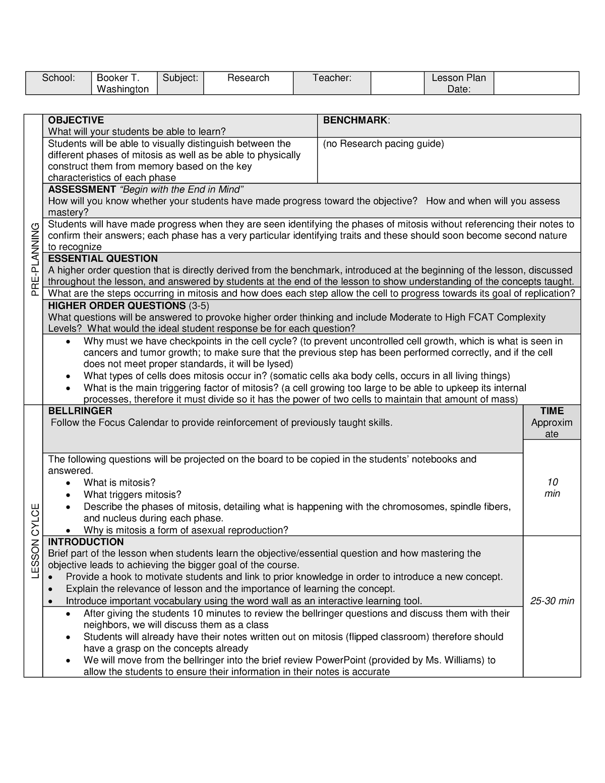 Biology mitosis lesson plan - School: Booker T. Washington Subject ...