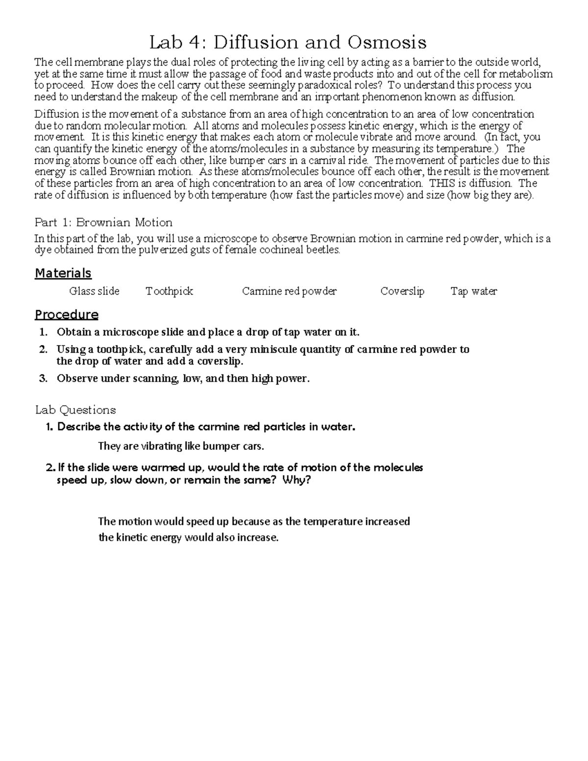 Answer Key Lab Diffusion and osmosis Lab 4 Diffusion and Osmosis The