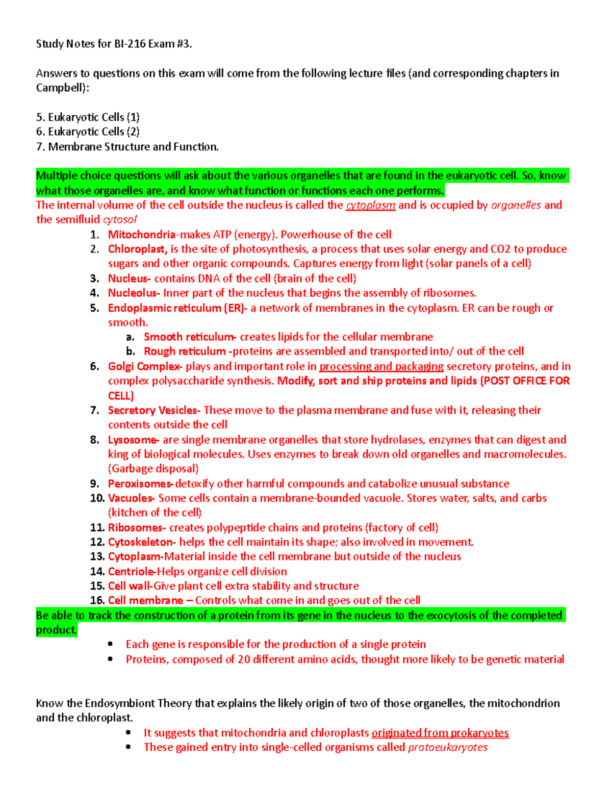 Study Notes For Exam #3 - Study Notes For BI-216 Exam #3. Answers To ...