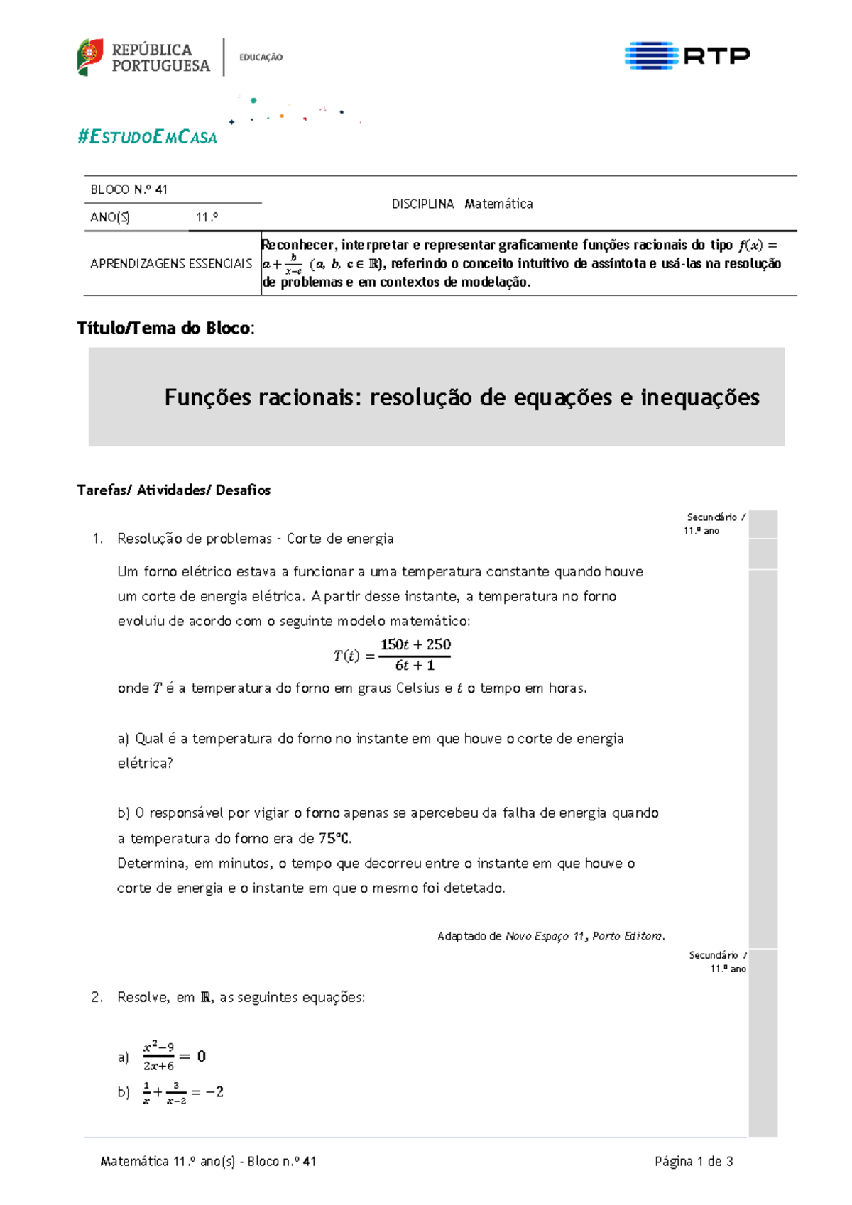 41 Matemática A 11 Ano Funções Racionais Resolução De Equações E ...