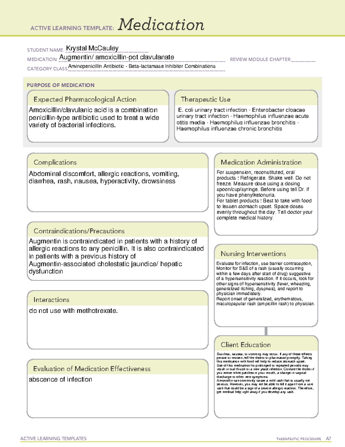 DRUG CARD Augmentin Kmccauley - ACTIVE LEARNING TEMPLATES THERAPEUTIC ...