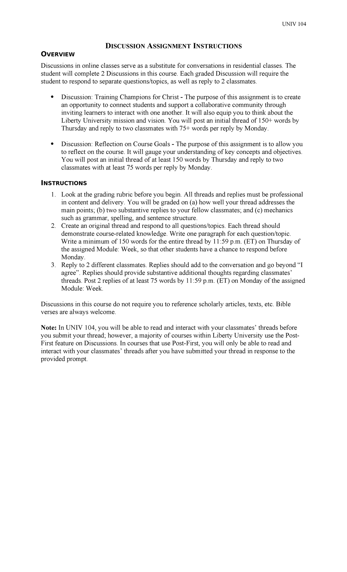 Discussion Assignment Instructions - UNIV 104 DISCUSSION ASSIGNMENT ...