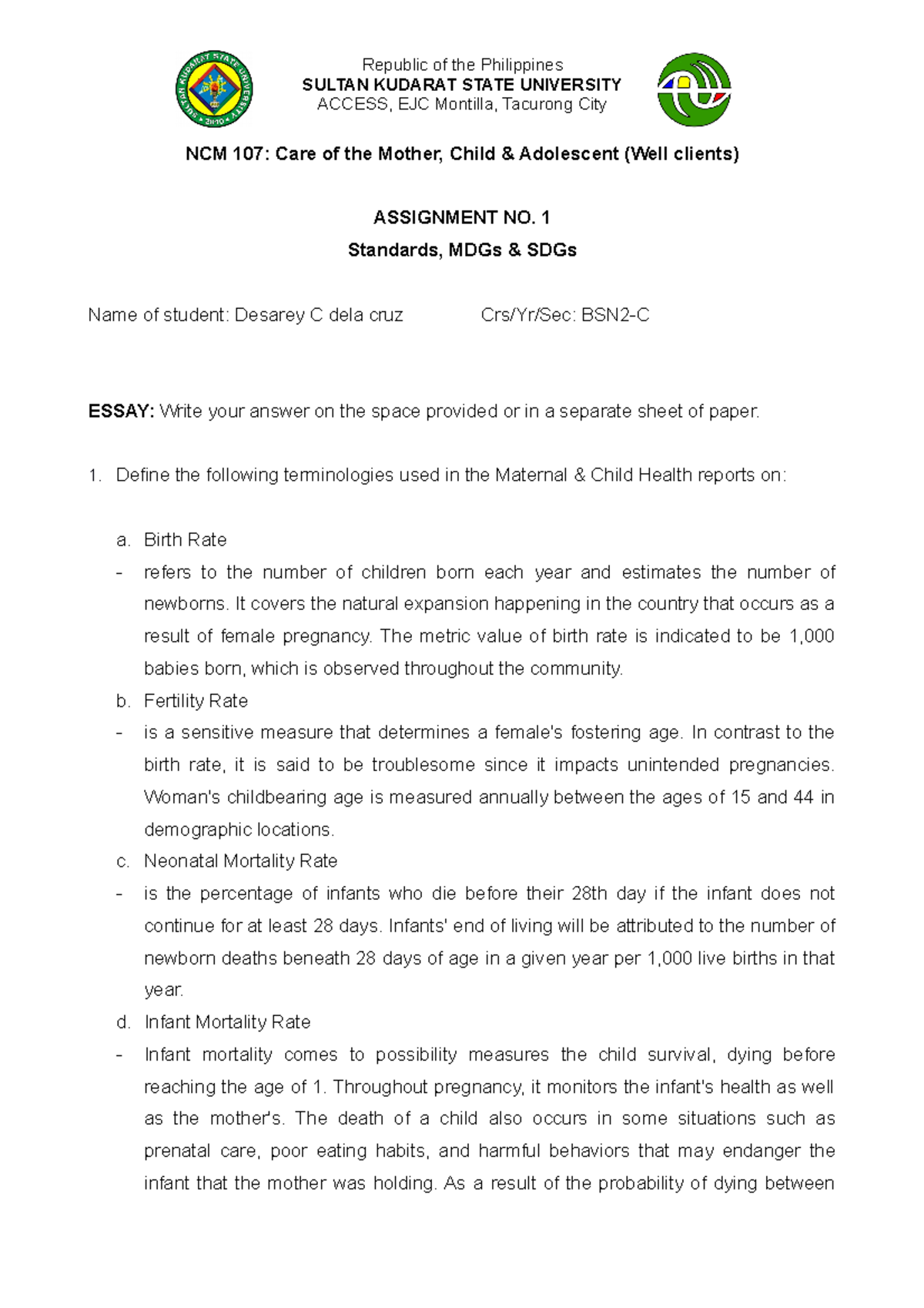 Assignment NO.1 Standards, MDGs & SDGs - SULTAN KUDARAT STATE ...