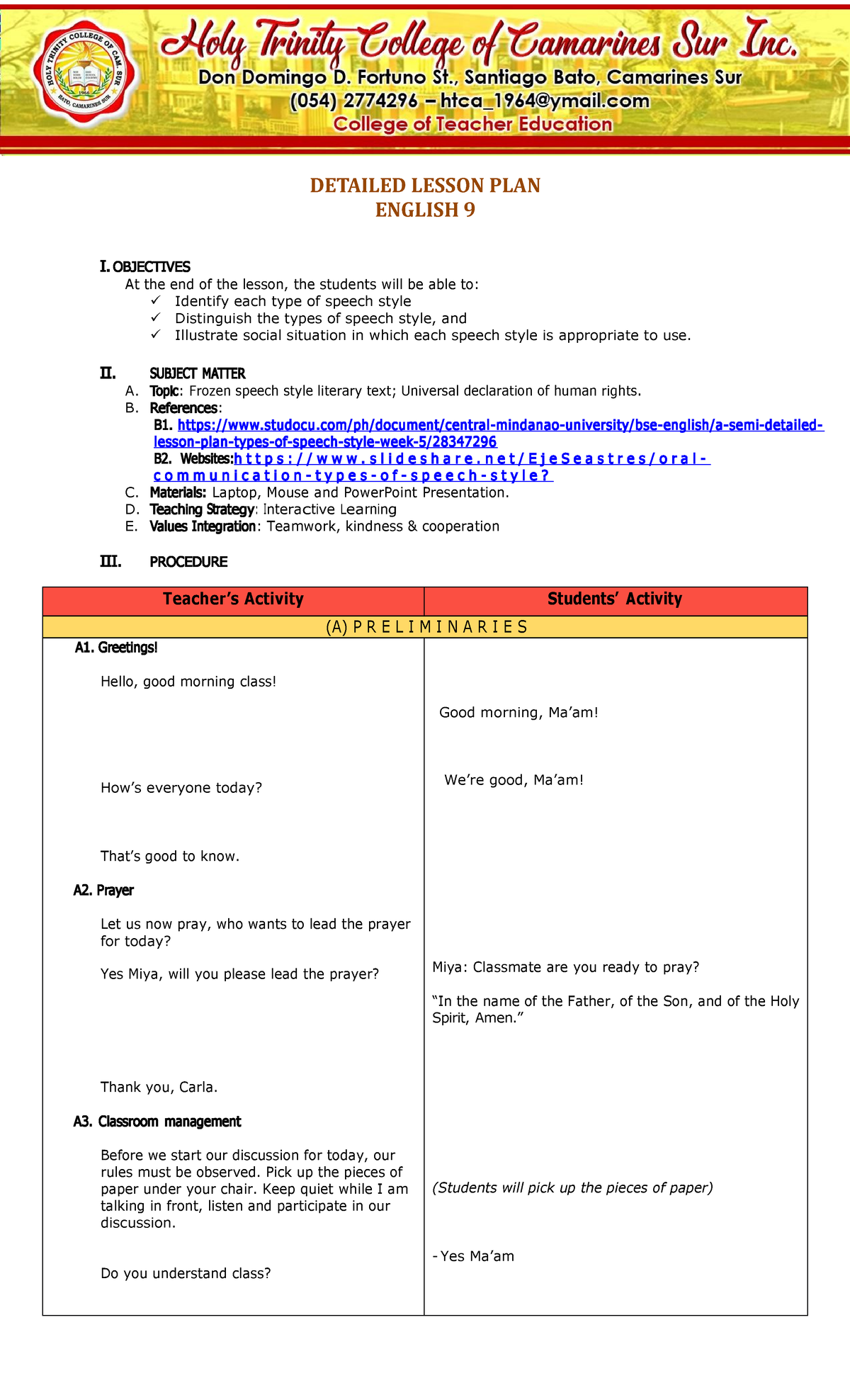 Detailed Lesson Plan Detailed Lesson Plan English 9 I Objectives At The End Of The Lesson 6195