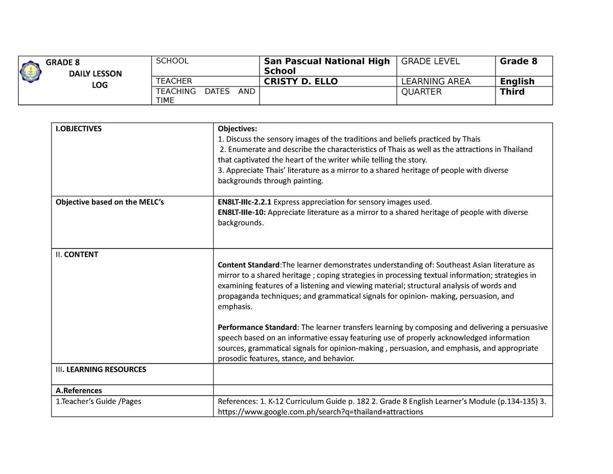 Dll Cot #2 - DAILY LESSON LOG ENGLISH 8 - GRADE 8 DAILY LESSON LOG ...