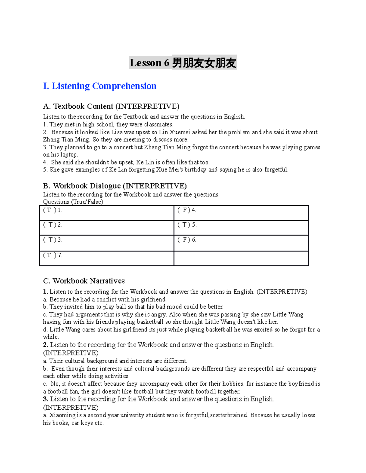 Chinese Link Level 1 Part 1 Workbook Answers