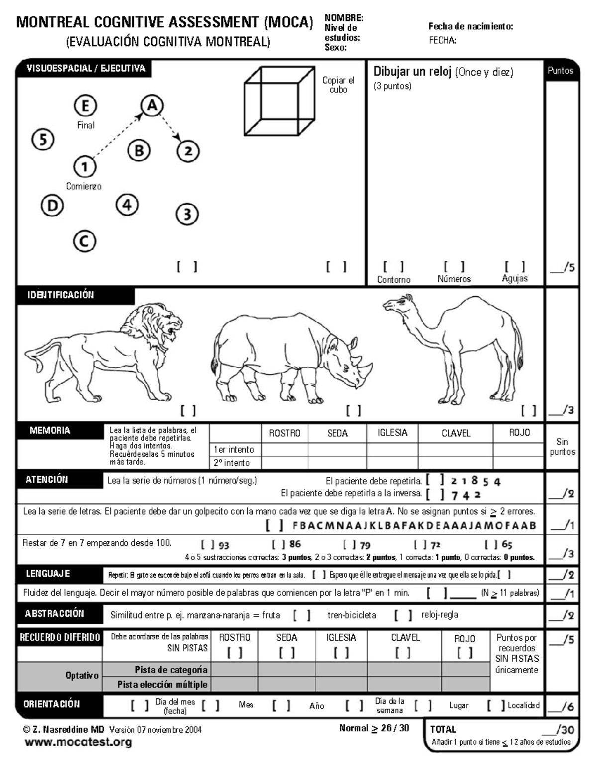 moca assessment test score scale