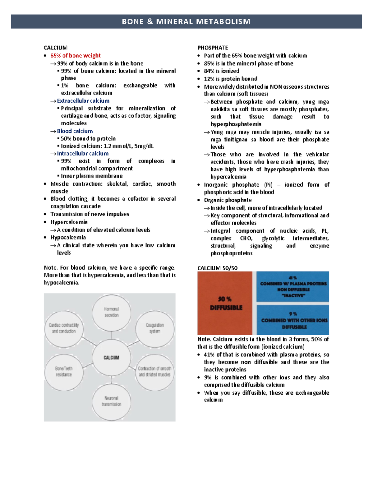 Bone and Mineral Metabolism - CALCIUM 65% of bone weight → 99% of body ...