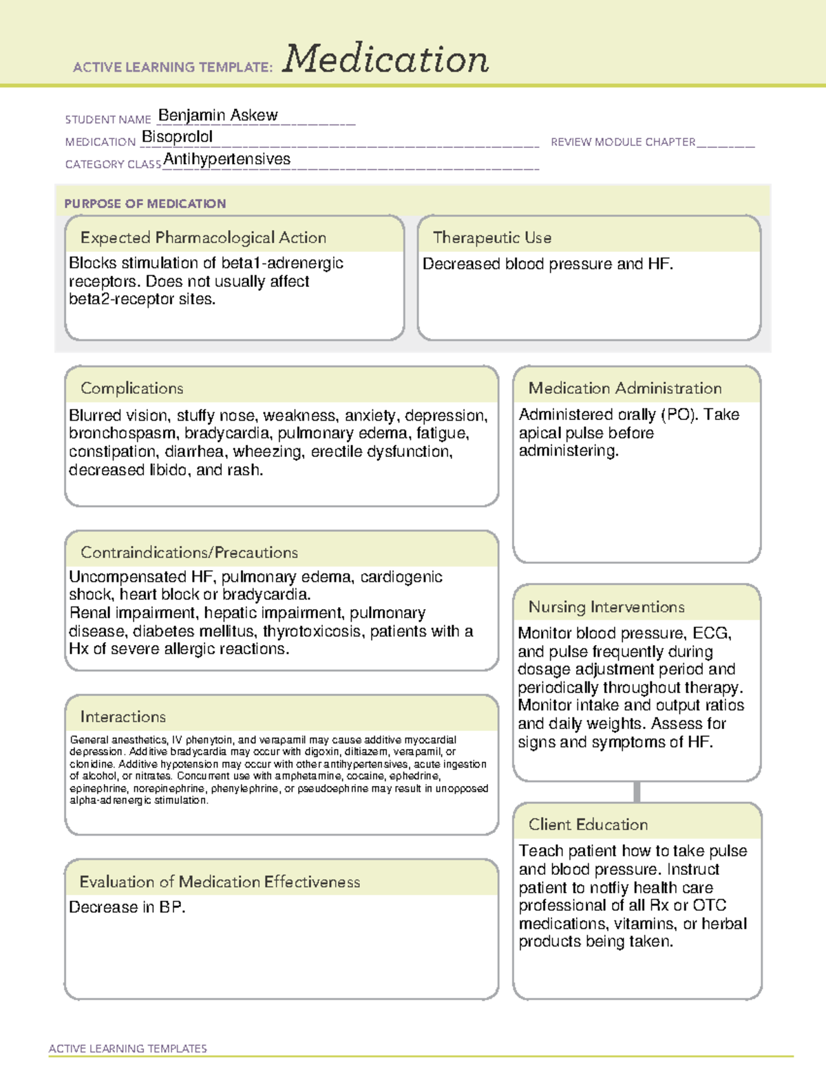 Bisoprolol Med Template Unit 2 ACTIVE LEARNING TEMPLATES Medication