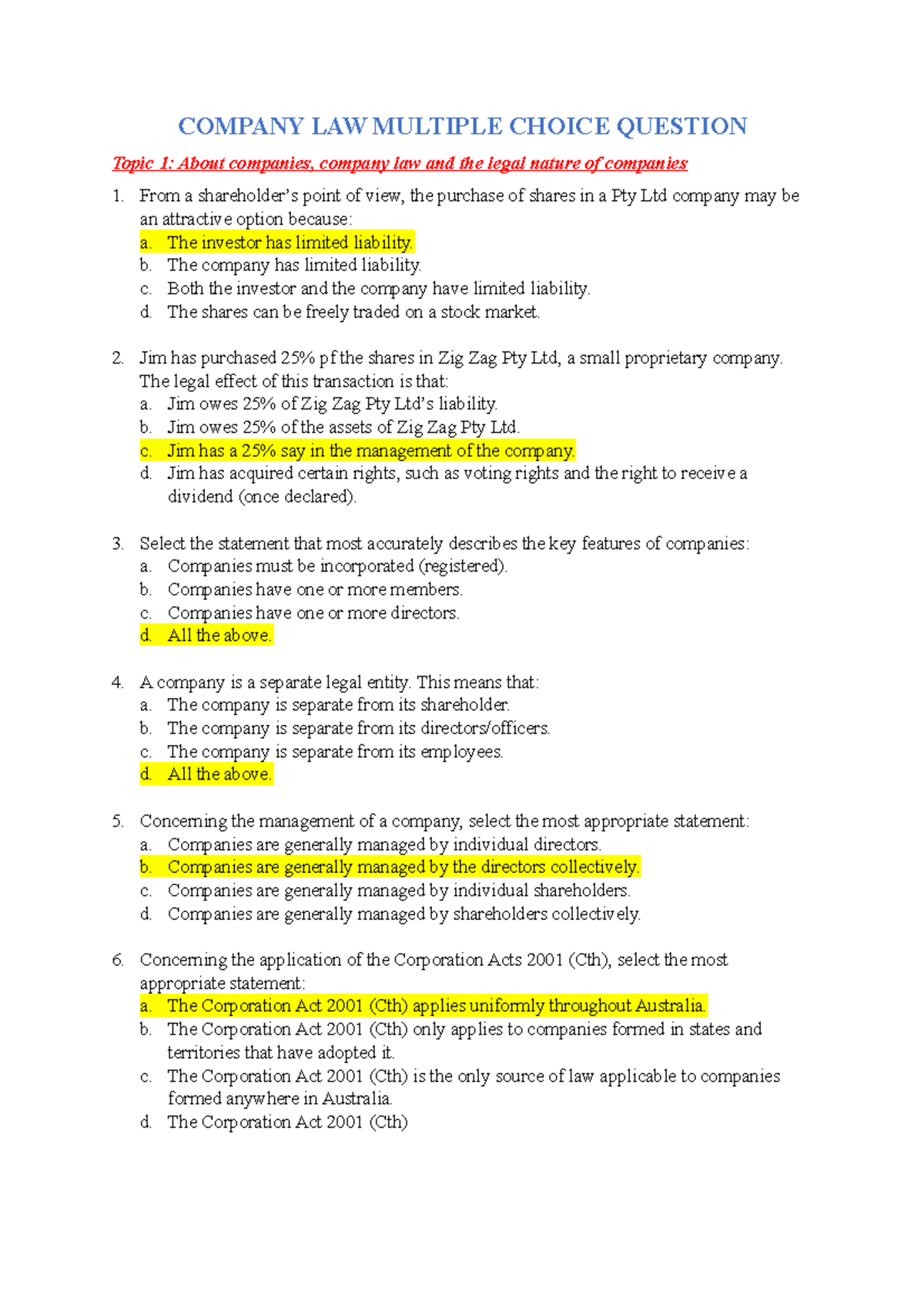 Claw Mcq Useful For Revision Company Law Multiple Choice Question Topic 1 About Companies Studocu