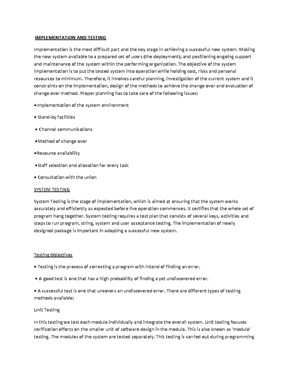 Implementation AND Testing - IMPLEMENTATION AND TESTING Implementation ...