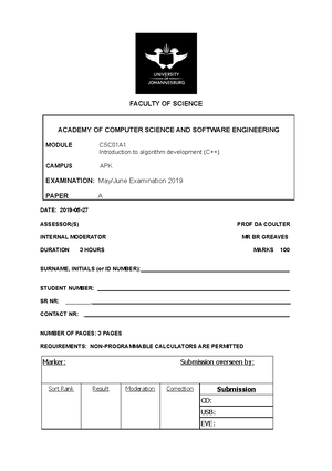 CSC01A1 2019 EXAM A - Computer Science 1A 2019 Exam