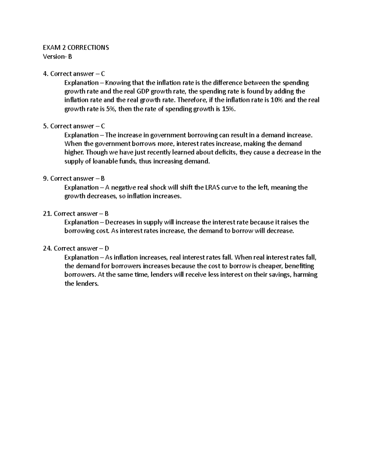 EXAM 2 Corrections - EXAM 2 CORRECTIONS Version- B Correct Answer – C ...