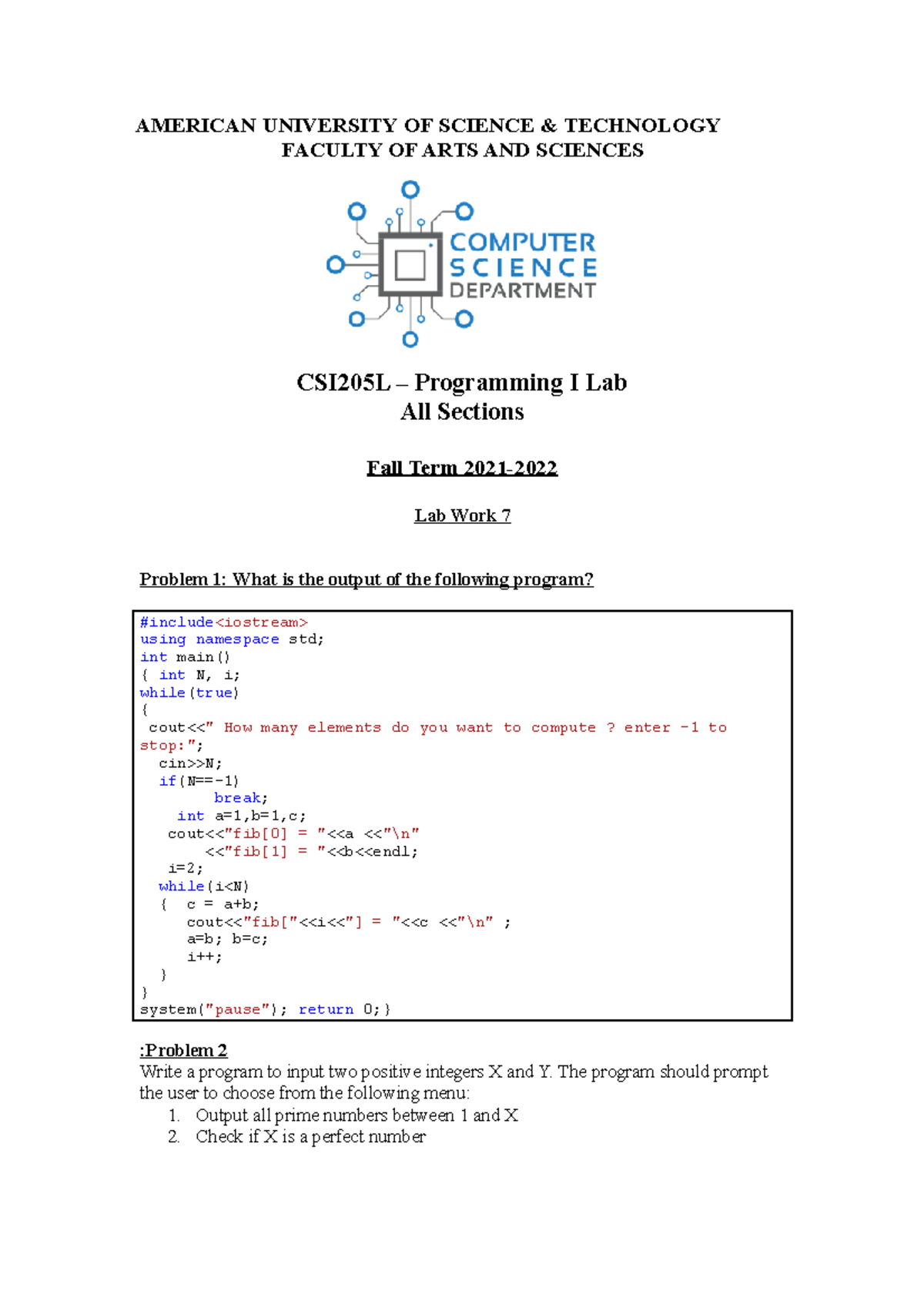 CSI205 Lab 7 - c++ practice exercises - AMERICAN UNIVERSITY OF SCIENCE ...