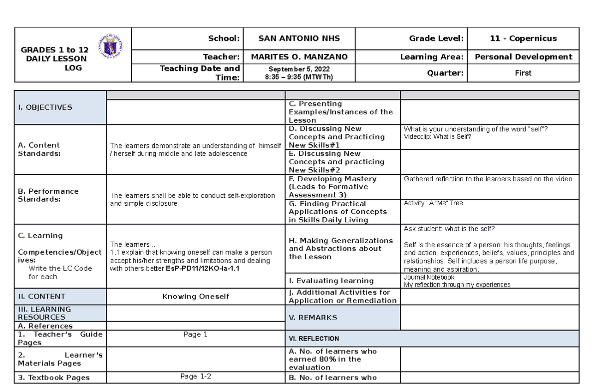 Week 1 Knowing Oneself - Grades 1 To 12 Daily Lesson Log School: San 