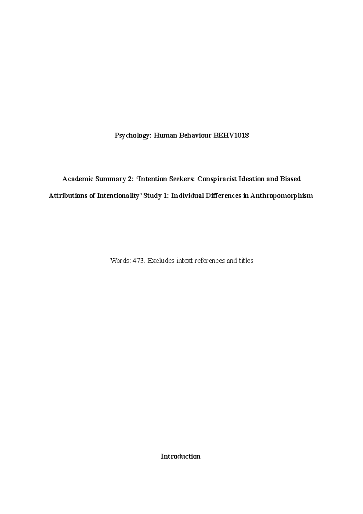 Academic summary 2 - Psychology: Human Behaviour BEHV Academic Summary ...