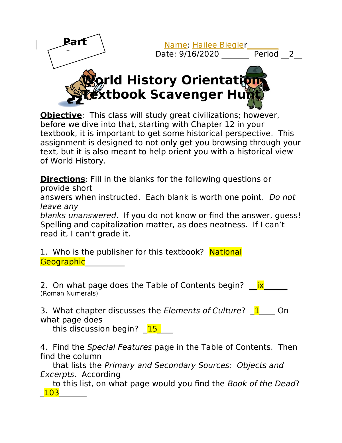 World History Textbook Scavenger Hunt 2019 Part One Name Hailee