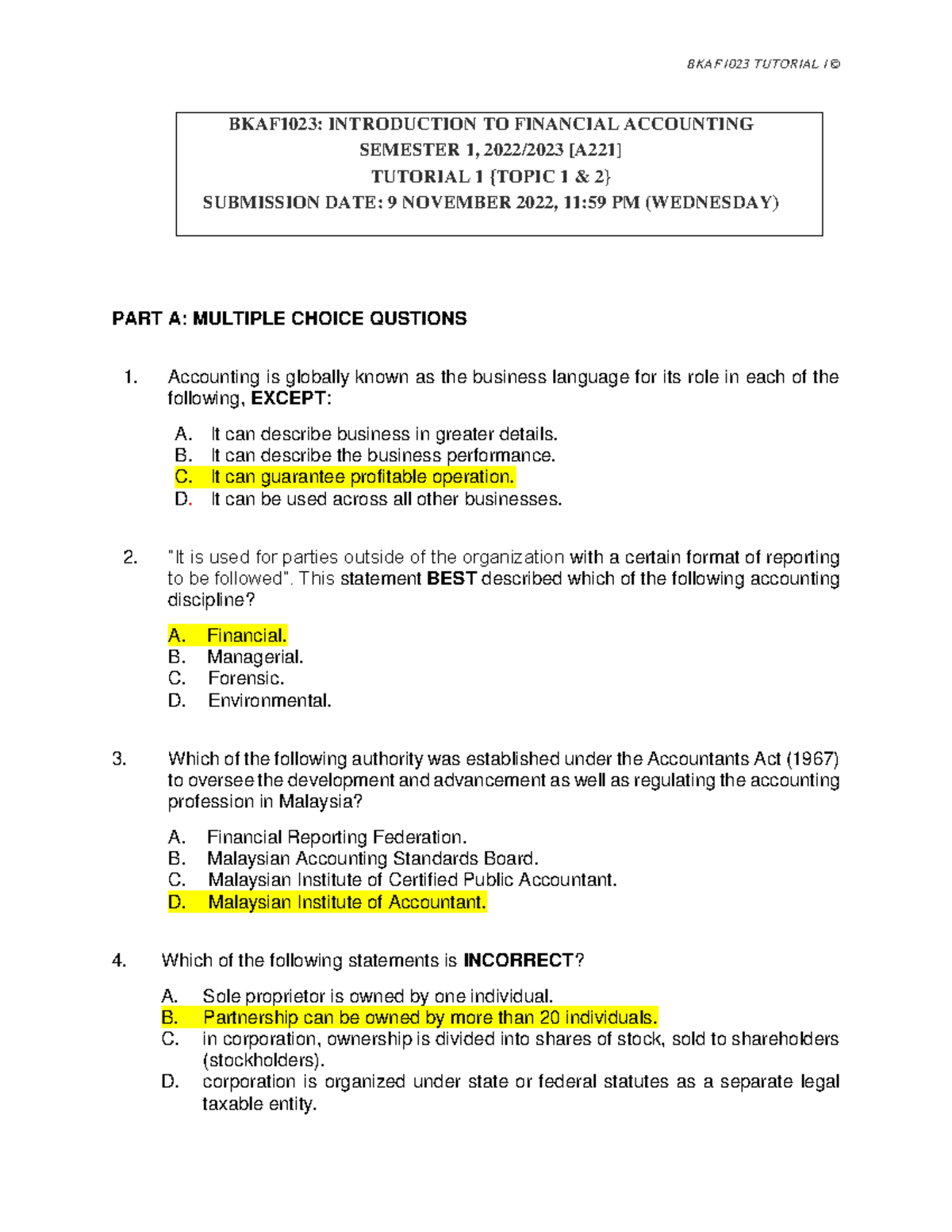 Tutorial 1 - BKAF1023: INTRODUCTION TO FINANCIAL ACCOUNTING SEMESTER 1 ...