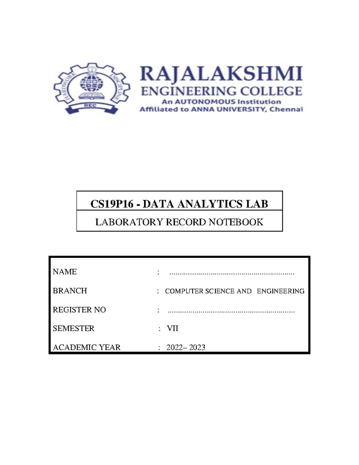 DA Lab Lab Manual CS19P16 DATA ANALYTICS LAB LABORATORY RECORD
