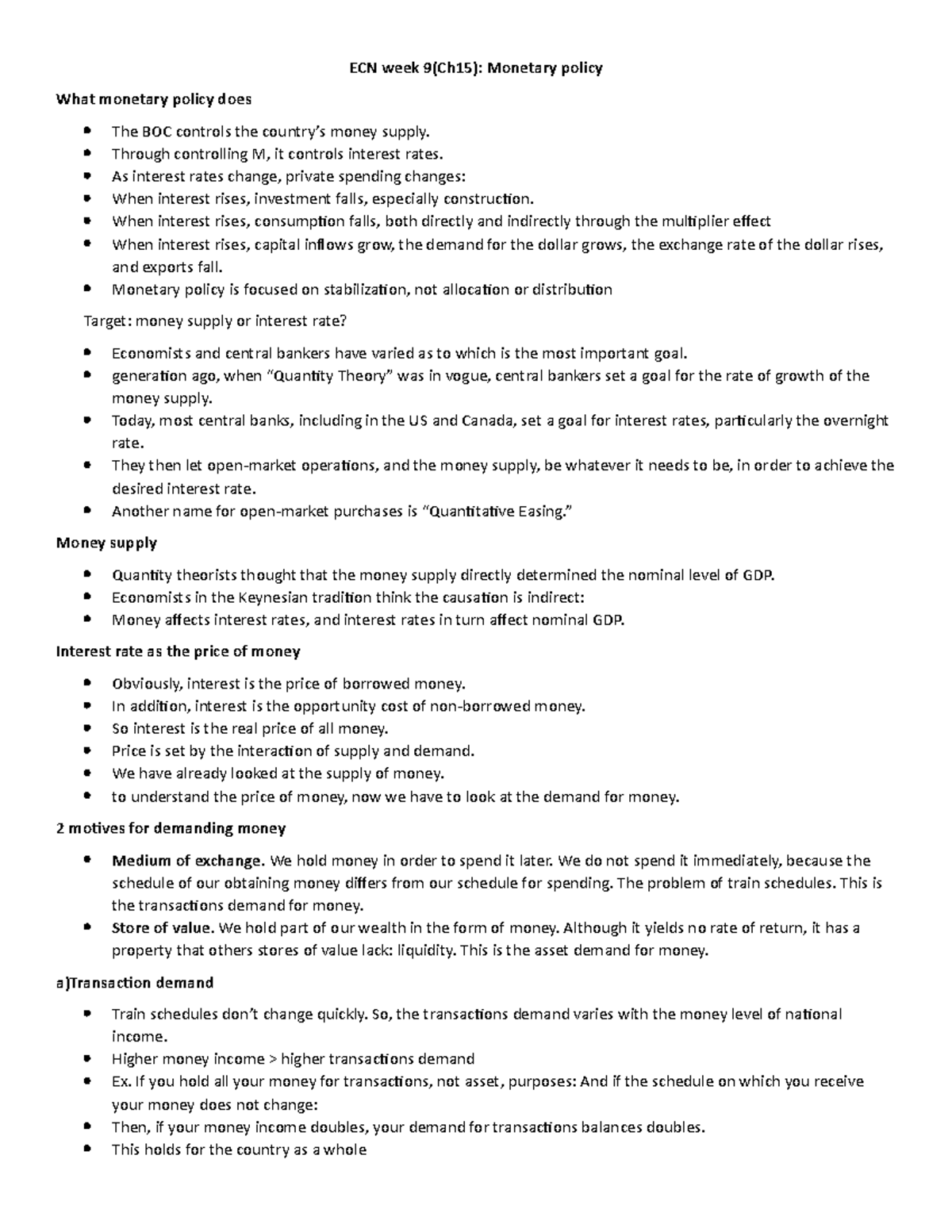 ECN week 9 ch15 lecture notes - ECN week 9(Ch15): Monetary policy What ...