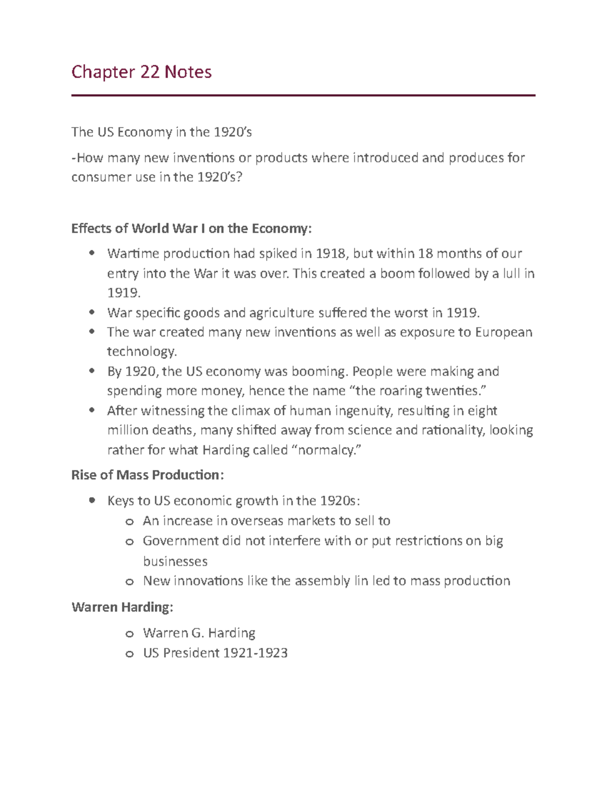Chapter 22 Notes - Chapter 22 Notes The US Economy in the 1920’s -How ...