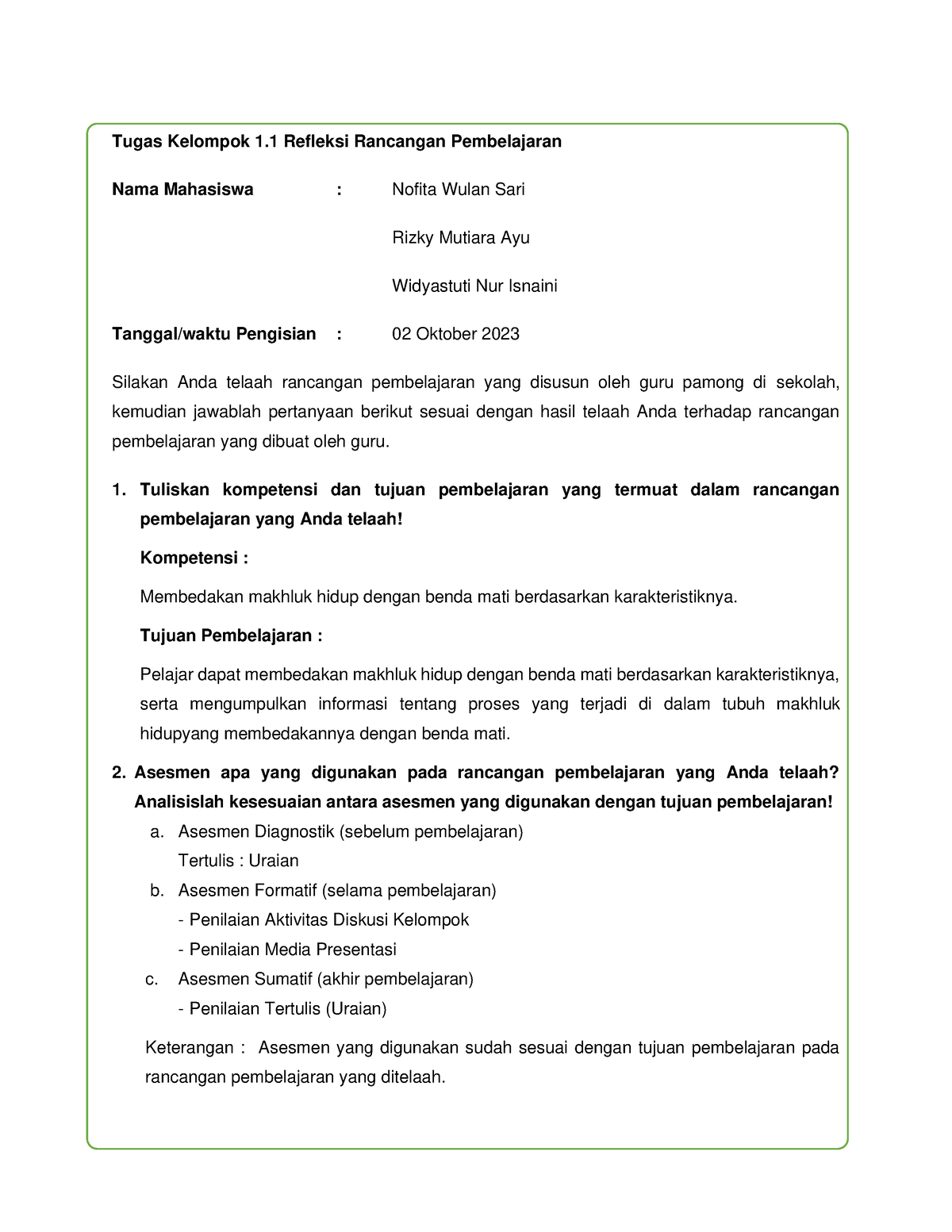 TK 1.1.Refleksi Rancangan Pembelajaran - Tugas Kelompok 1 Refleksi ...