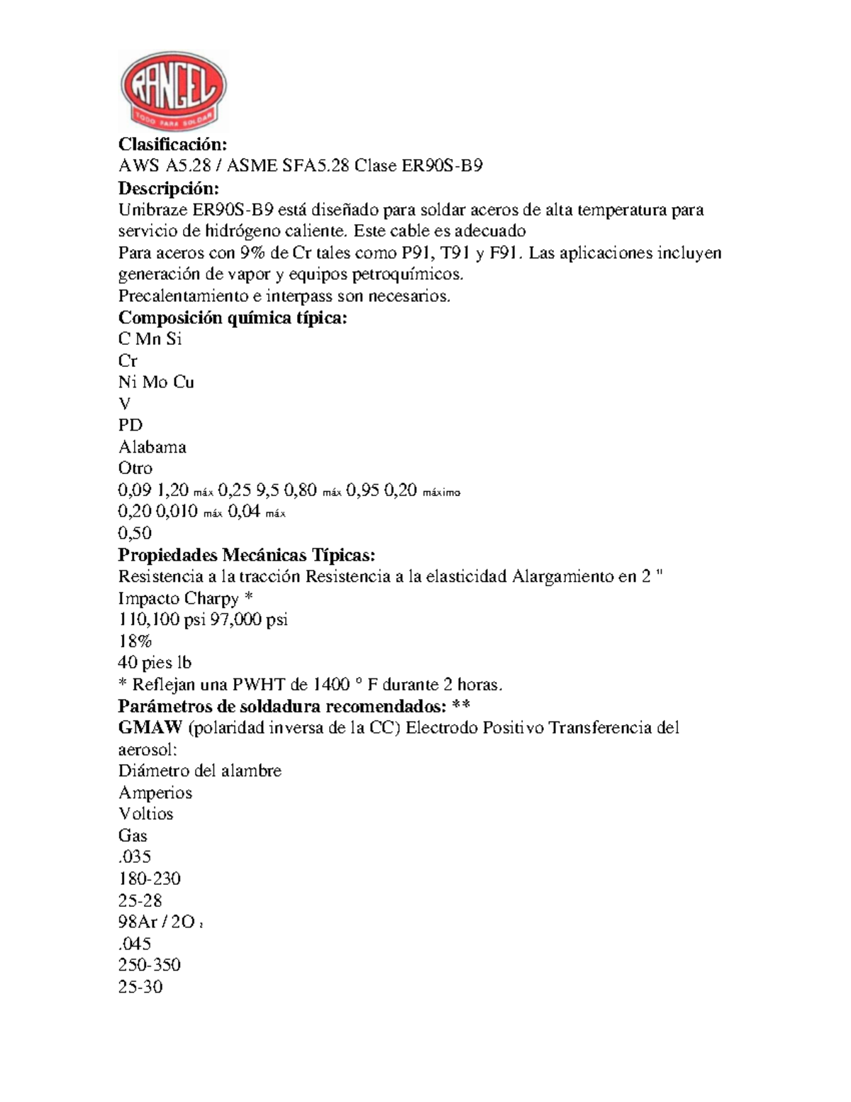 ER90SB9- Ejemplo - welded - Clasificación: AWS A5 / ASME SFA5 Clase ...