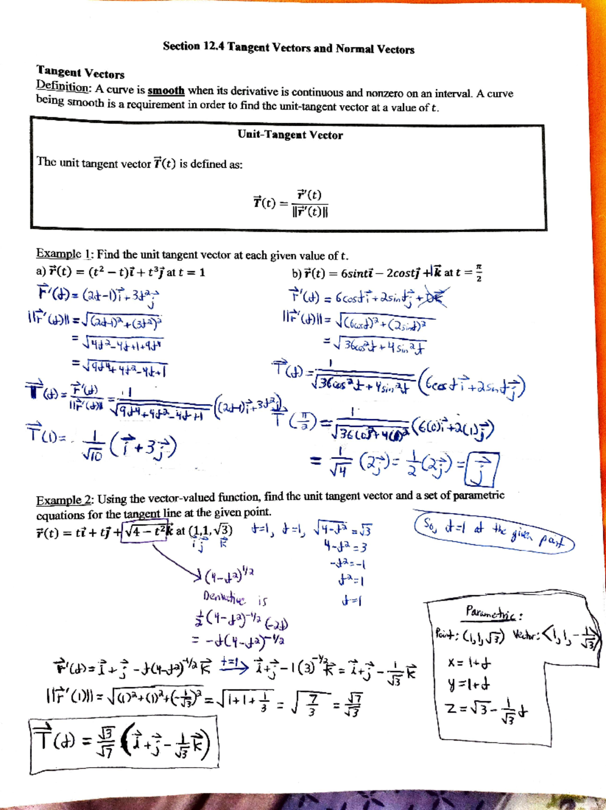 chapter 12.4 notes .................... - Section 12 Tangent Vectors ...