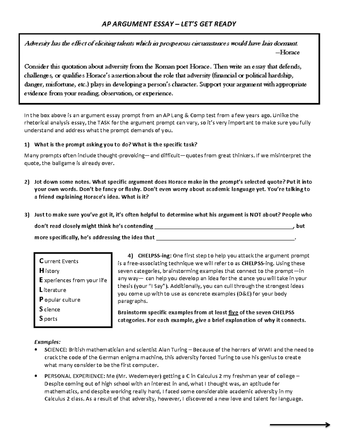 Adversity Chelpss-They Say-Thesis Practice - AP ARGUMENT ESSAY – LET’S ...