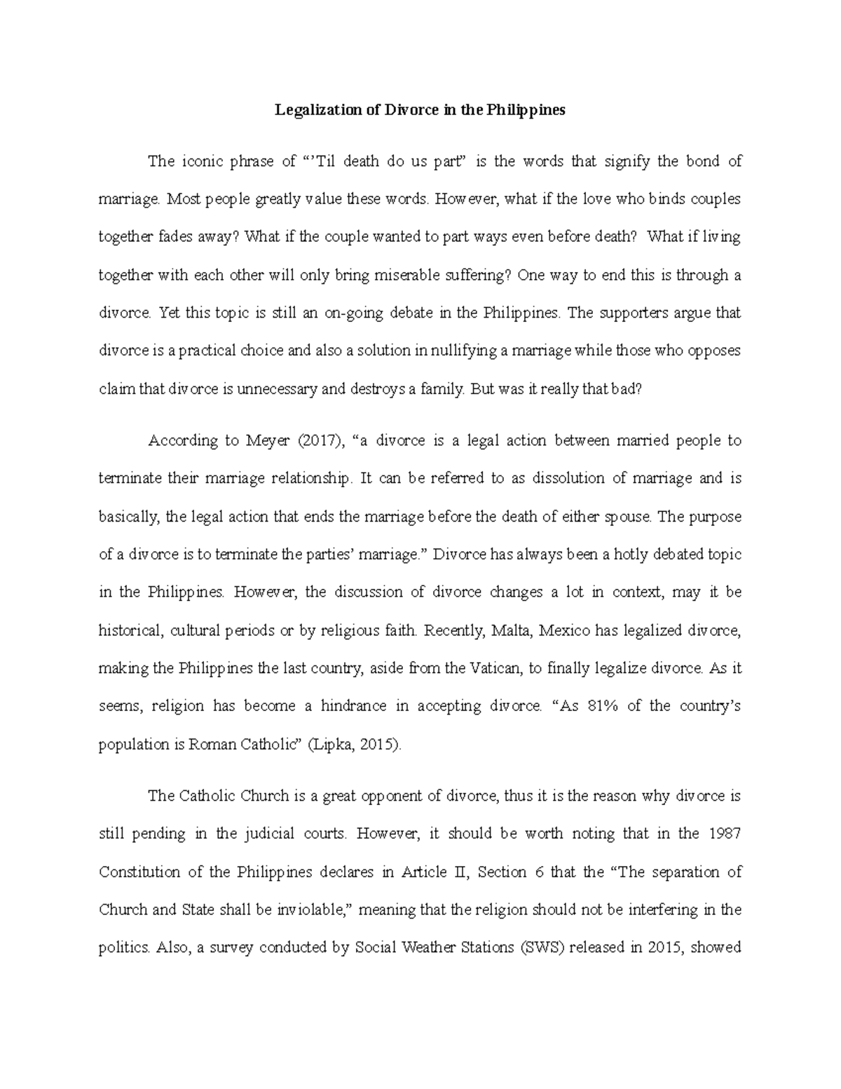 argumentative essay about legalizing divorce in the philippines