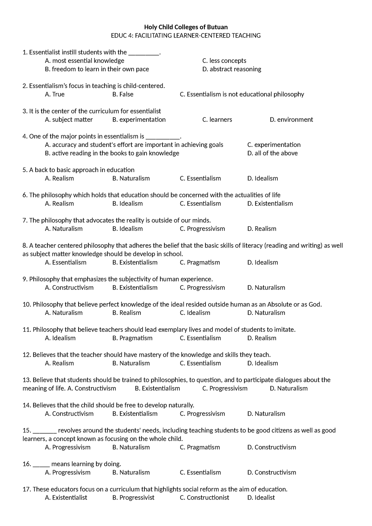 Prelim Review Educ-4 - Summary Teacher Education - Holy Child Colleges ...