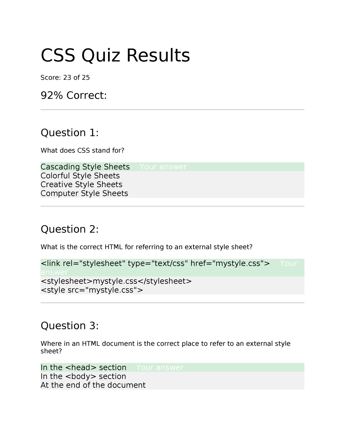 CSS Quiz Results - CSS Quiz Results Score: 23 Of 25 92% Correct ...