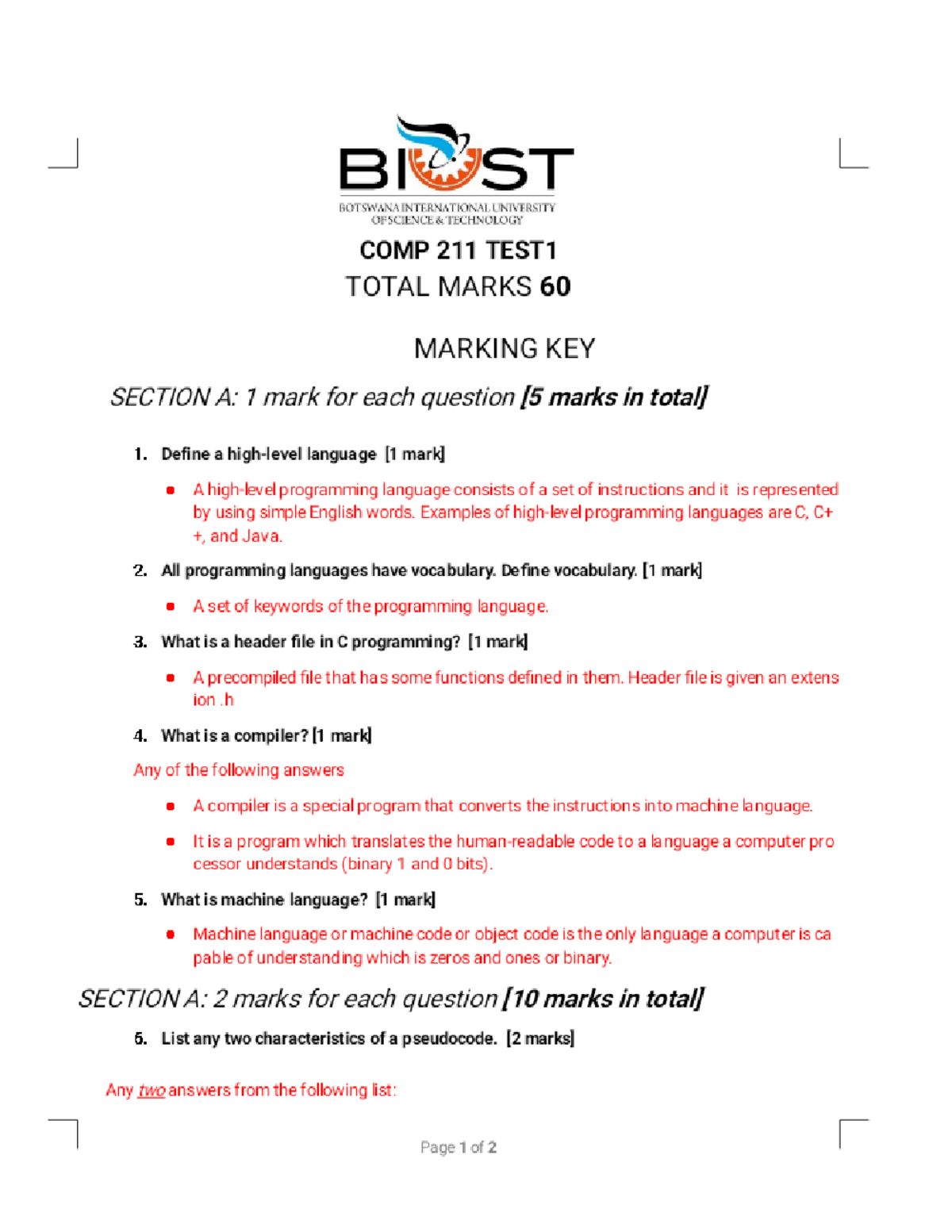 COMP211 TEST1 Oct 2022 Final Marking Key Phoenix - B ST BOTSWANA ...