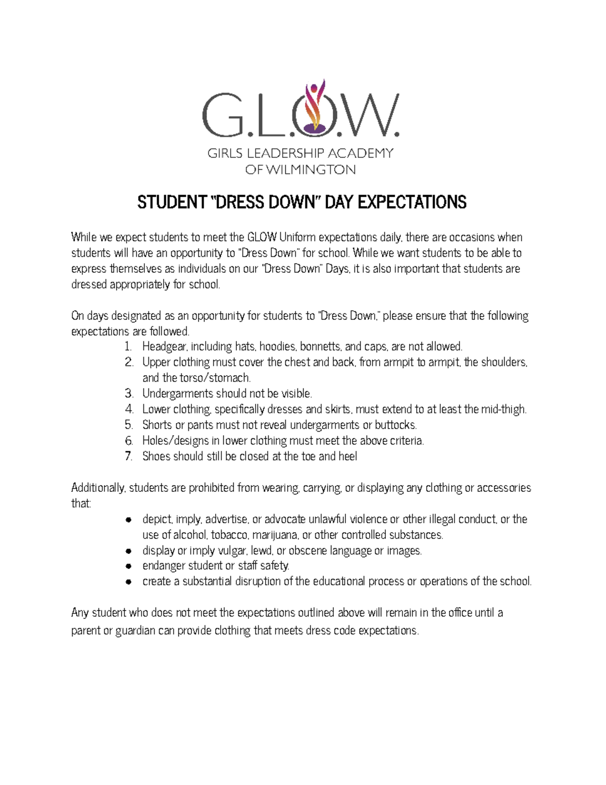 Dress Down Day Expectations (2324) STUDENT “DRESS DOWN” DAY