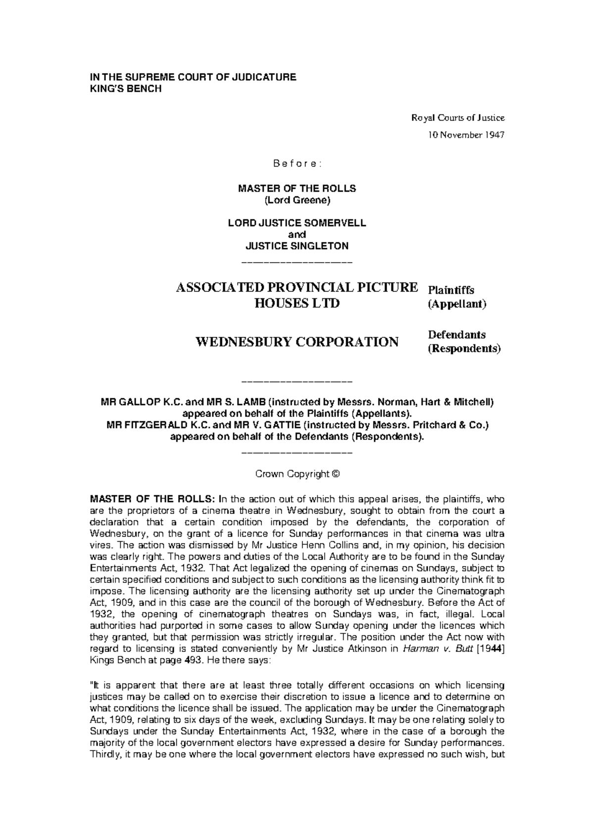 Associated Provincial Picture Houses V Wednesbury Corporation In The Supreme Court Of 5860