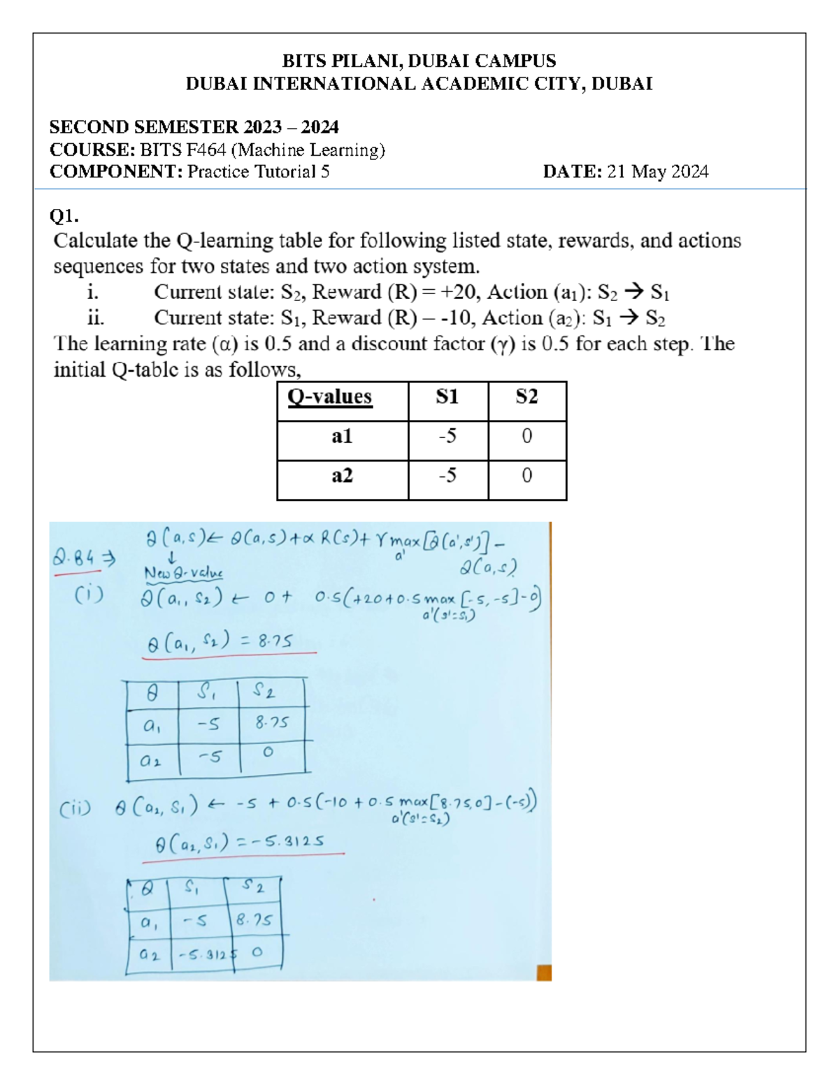 ML Practice Tutorial 5 answers - Machine Learning - BITS PILANI, DUBAI ...