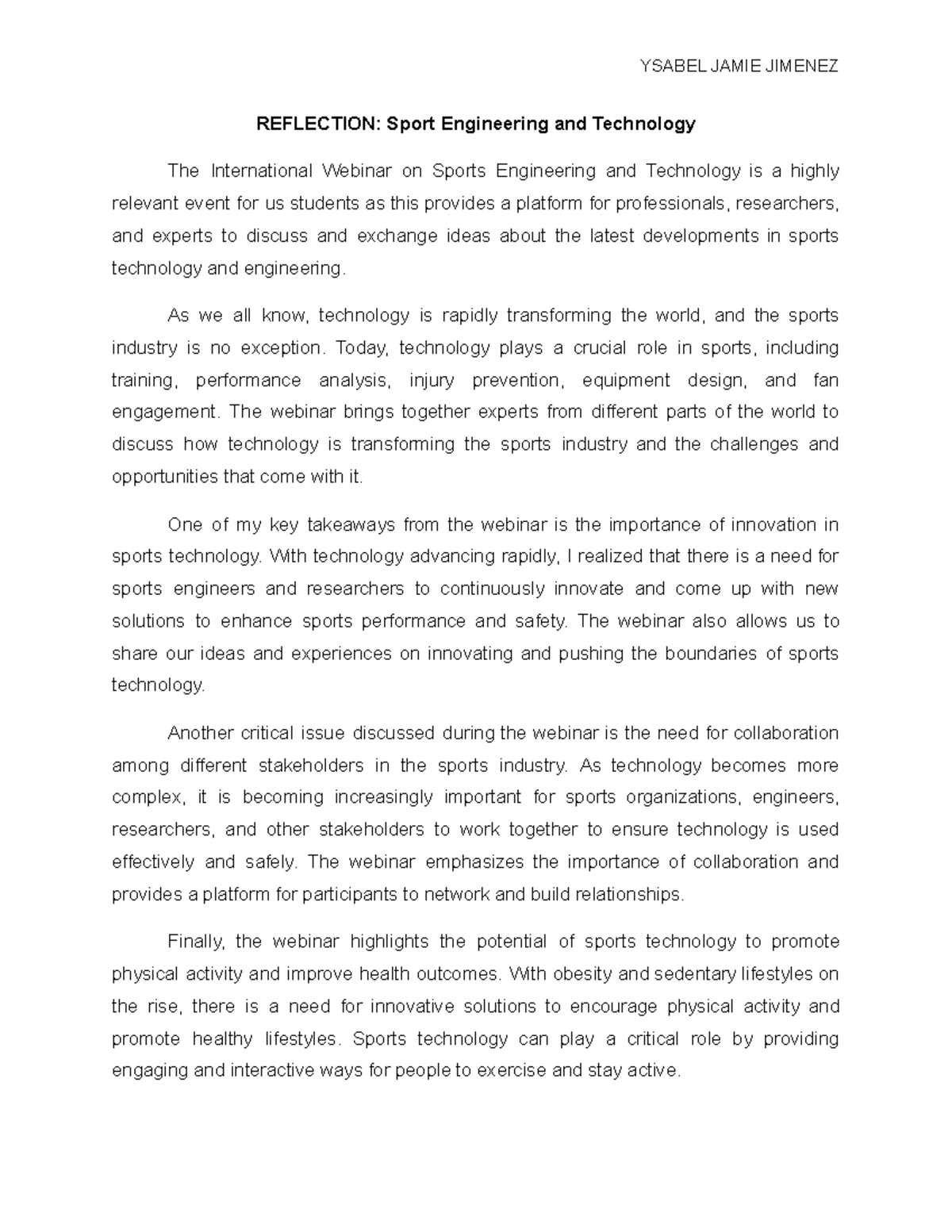 Reflection SportEngineeringandTechnology YSABEL JAMIE JIMENEZ