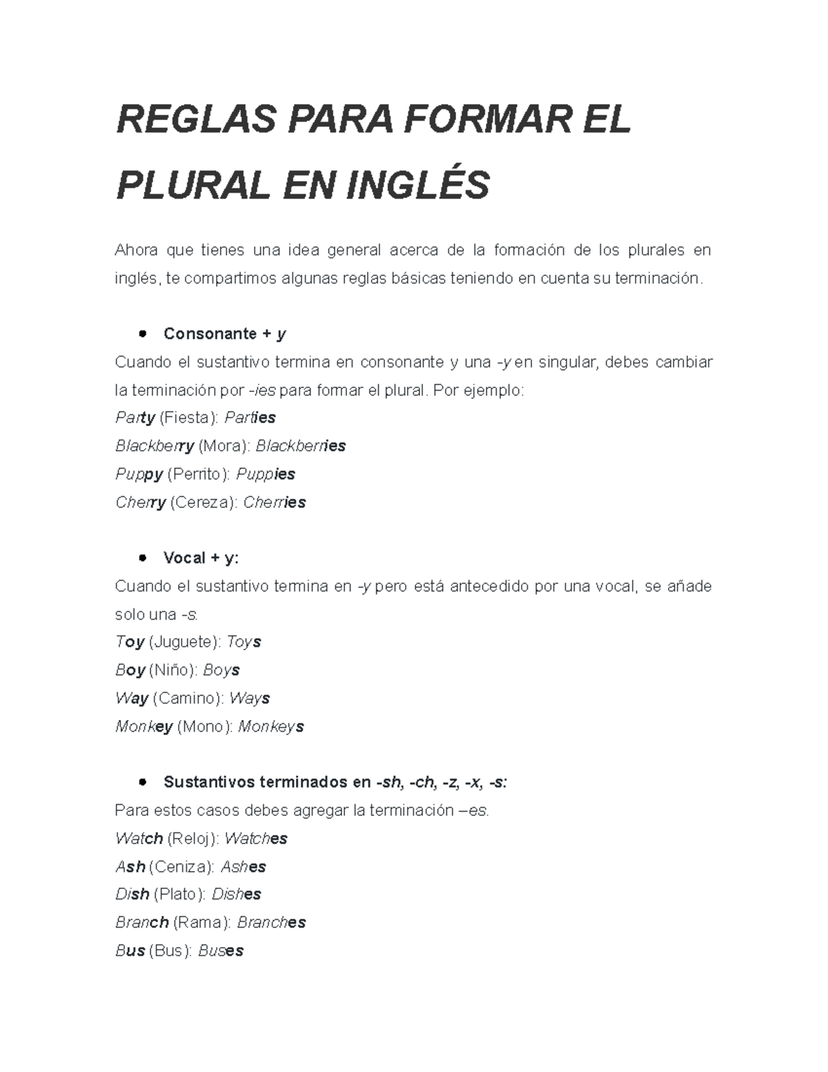 Reglas PARA Formar EL Plural EN Inglés REGLAS PARA FORMAR EL PLURAL