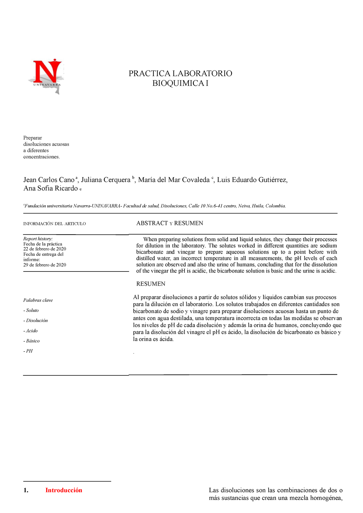 Informe 1 Bioquimica - Preparar Disoluciones Acuosas A Diferentes ...