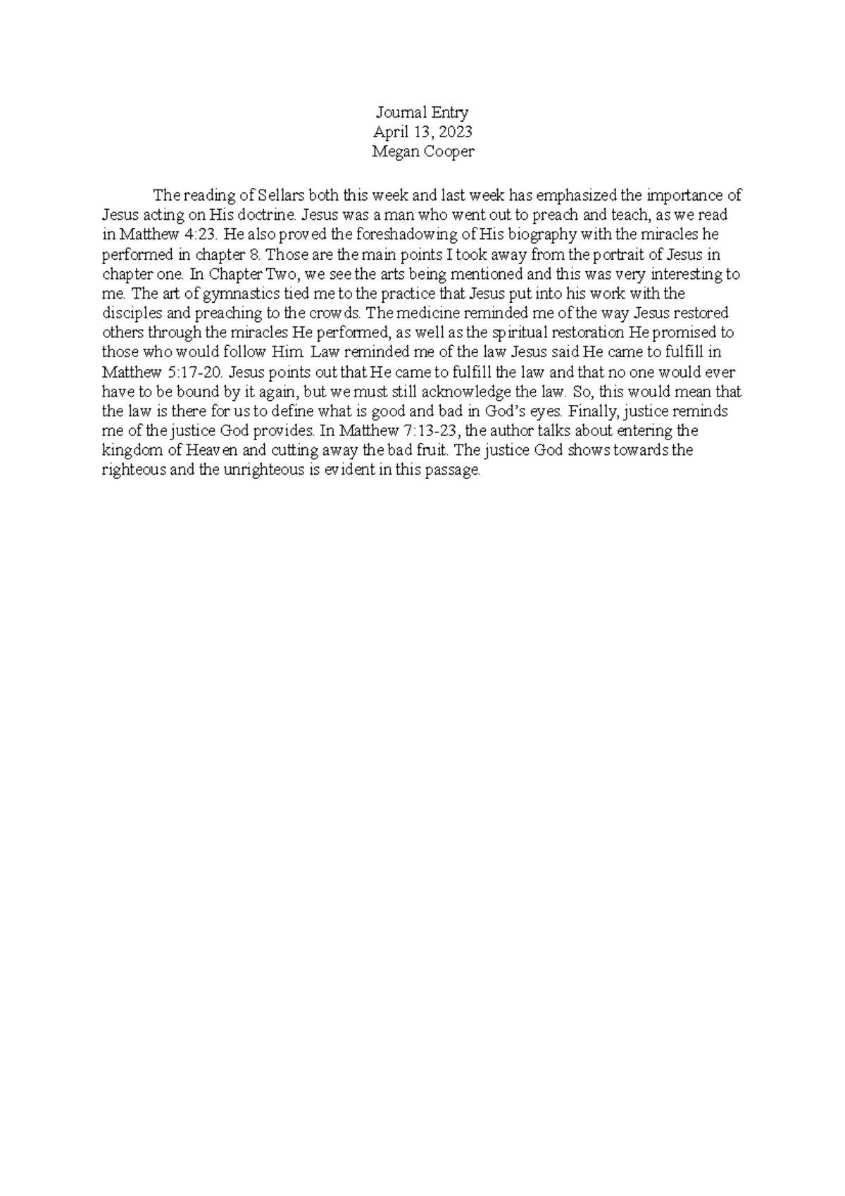 Journal Entry 4 - Journal Entry April 13, 2023 Megan Cooper The reading ...