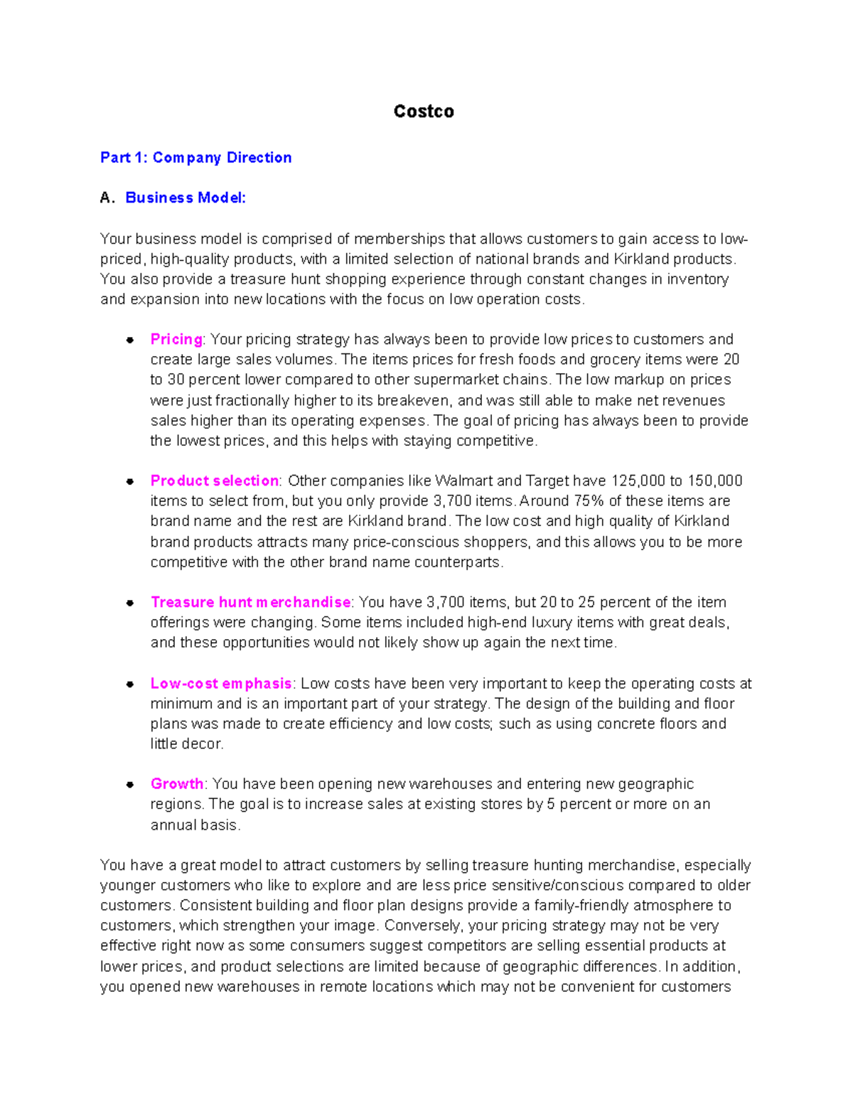 Costco Case - essay - Costco Part 1: Company Direction A. Business ...