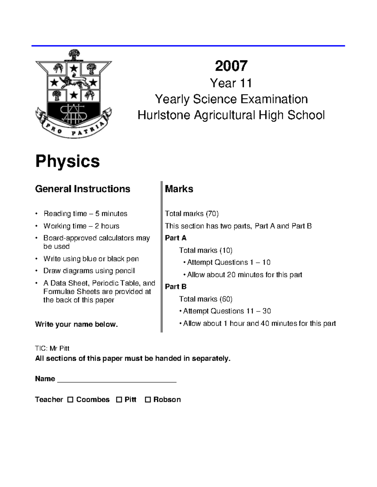 Hurlstone 2007 Physics Prelim Yearly & Solutions - 2007 Year 11 Yearly ...