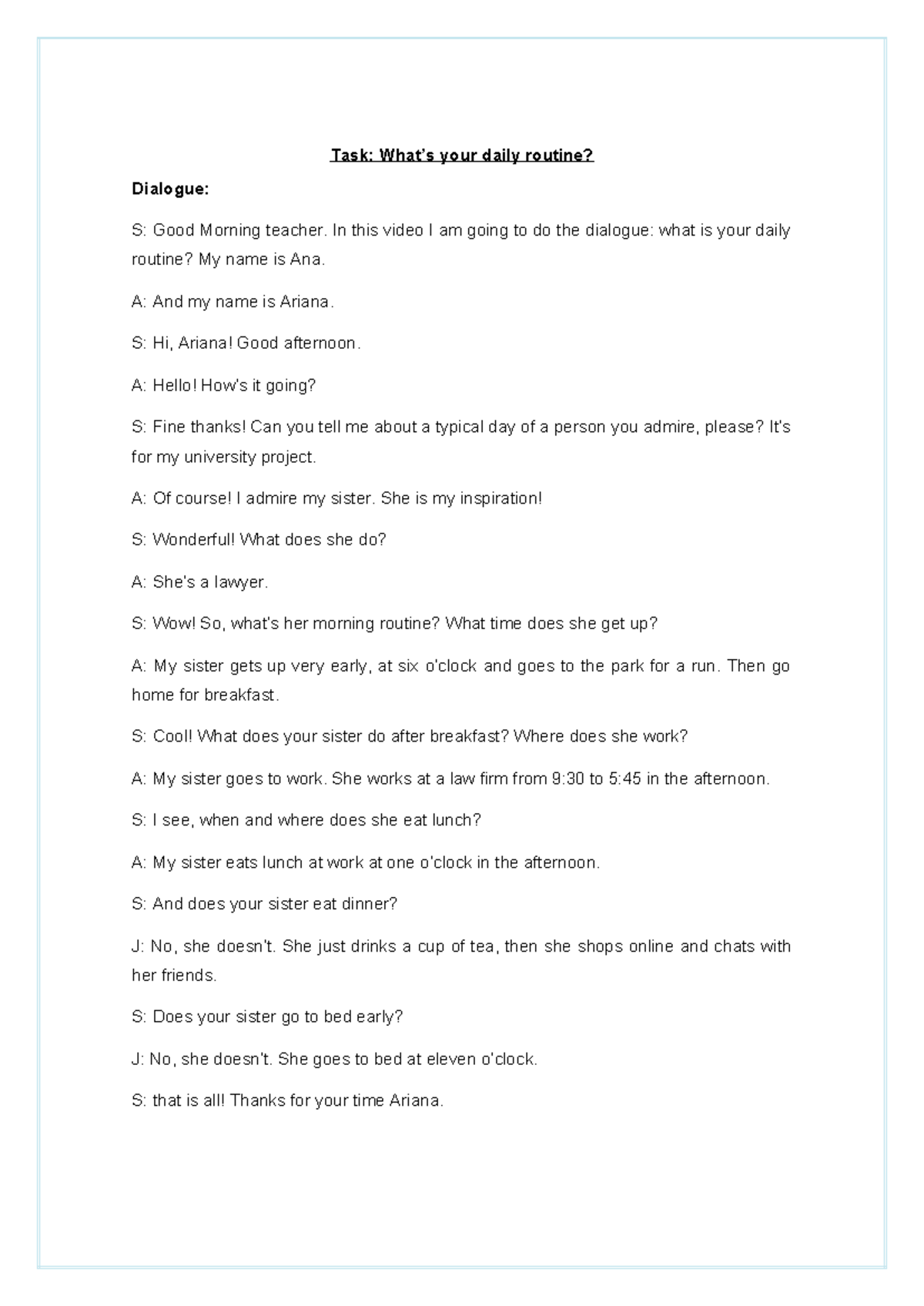 Daily Routine - TAREA - Task: What’s your daily routine? Dialogue: S ...