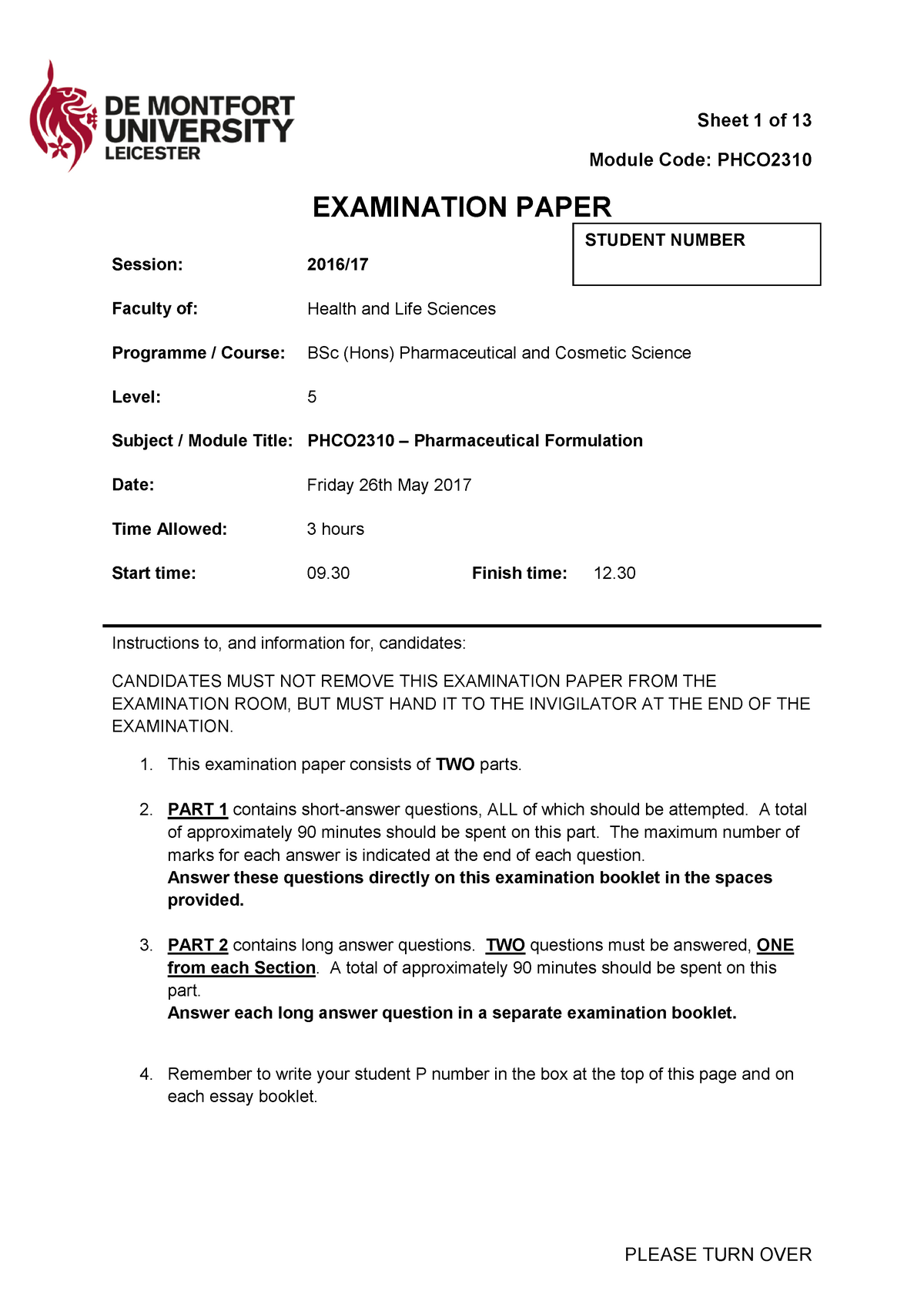 Exam 26 May 2017, questions - Sheet 1 of 13 Module Code: PHCO2310 ...