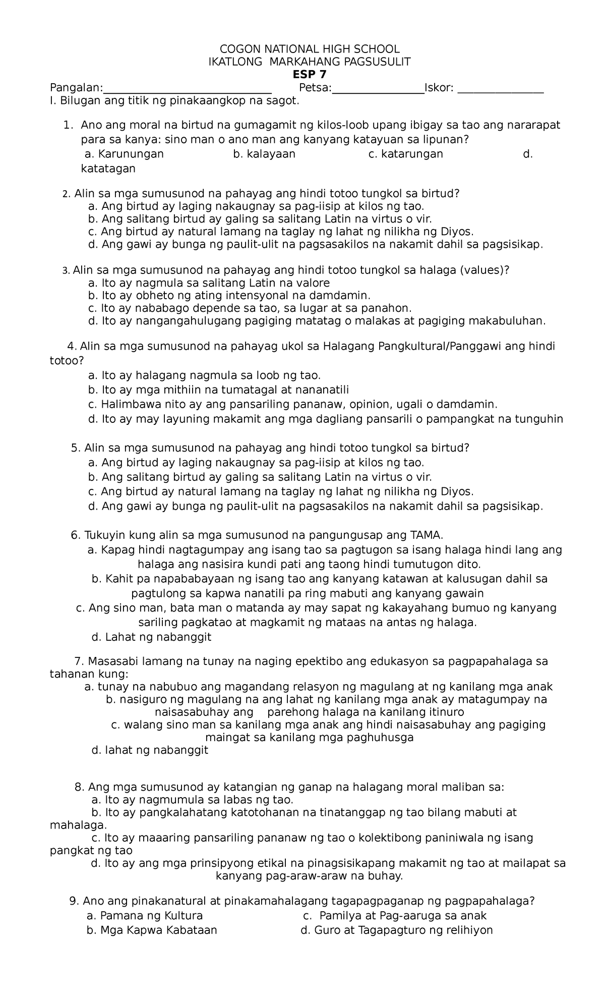 Esp7 3rdq Q Test Paper Tos Cogon National High School Ikatlong Markahang Pagsusulit Esp 7 Esp7 3rdq Q Test Paper Tos Cogon National High School Ikatlong Markahang Pagsusulit Esp 7