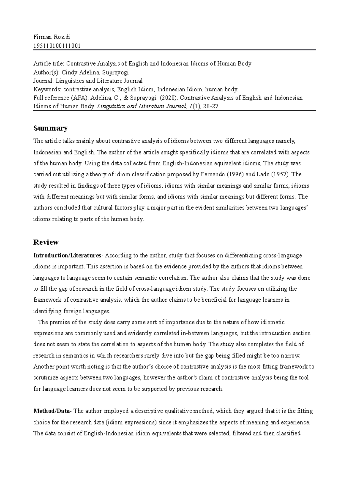 Critical Review: Contrastive Analysis of English and Indonesian Idioms ...